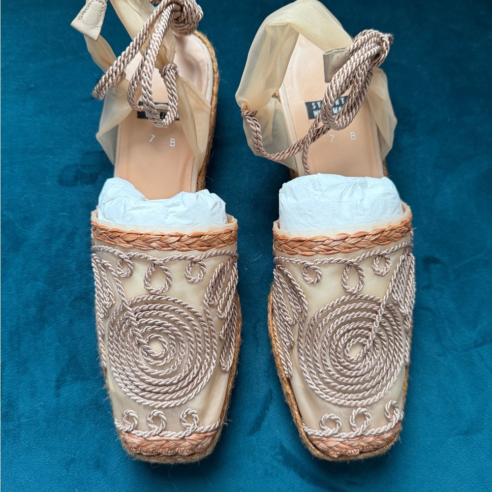 Stuart Weitzman Organza Mesh Embroidered Ankle Tie Espadrilles